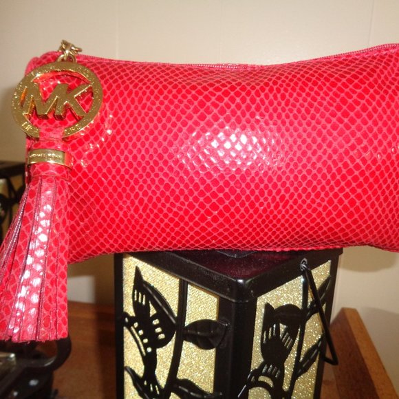 Michael Kors Clutch Evening Bag Cosmetic Case Make Up Pouch Red Snakeskin Look - Picture 11 of 12